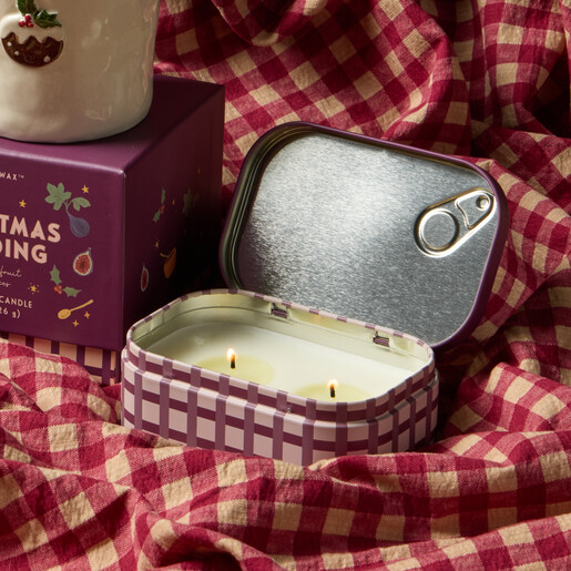 Lit double-wick soy wax candle inside the open purple gingham bistro tin.