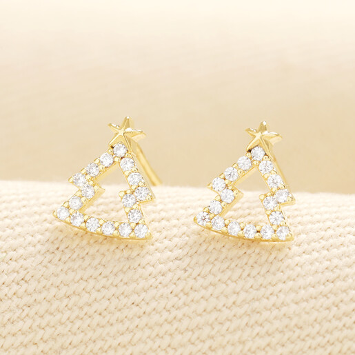 Pair of gold crystal Christmas tree stud earrings topped with stars