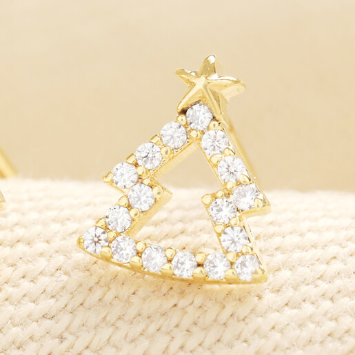 Close up of a gold crystal Christmas tree stud earring