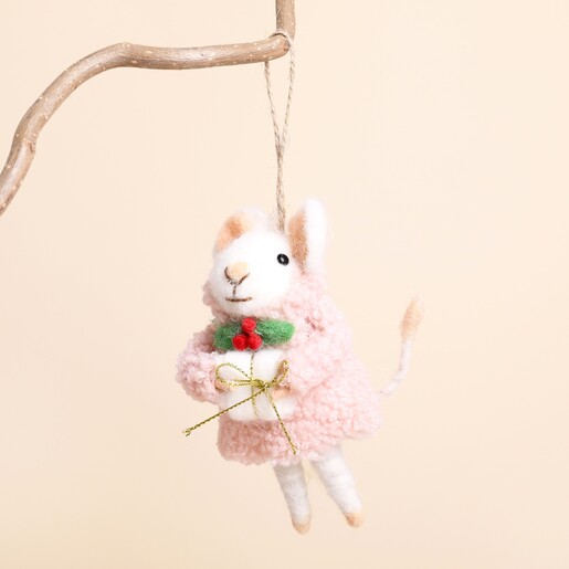 Felt Christmas mouse hanging decoration in pink coat holding a gift