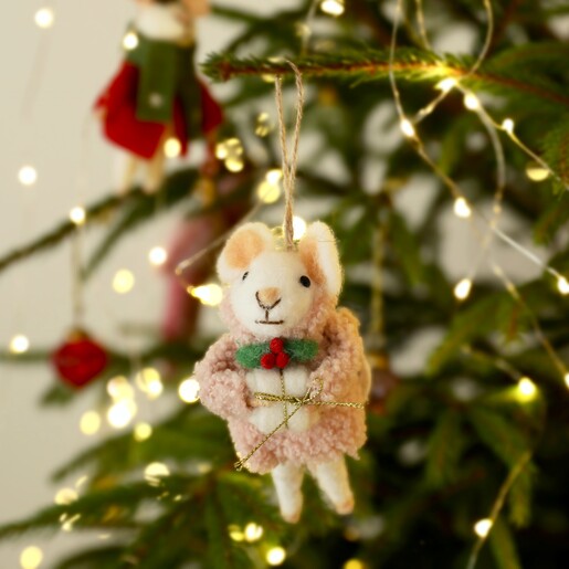 Felt Christmas mouse hanging decoration in pink coat holding a gift