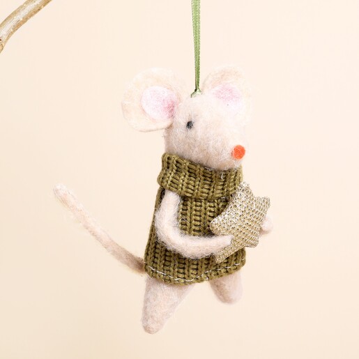 Close-up of felt mouse hanging tree decoration in knitted green jumper