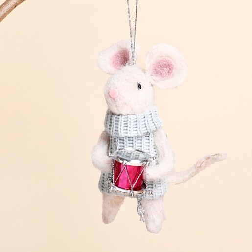 Close up of felt Christmas mouse hanging decoration holding a drum