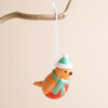 Ceramic robin hanging Christmas decoration wearing a green hat and scarf