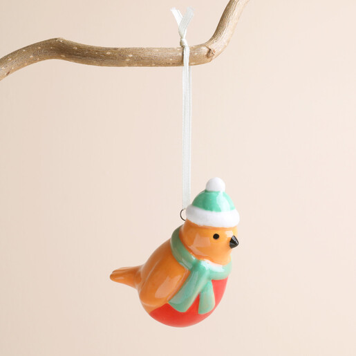 Ceramic robin hanging Christmas decoration wearing a green hat and scarf