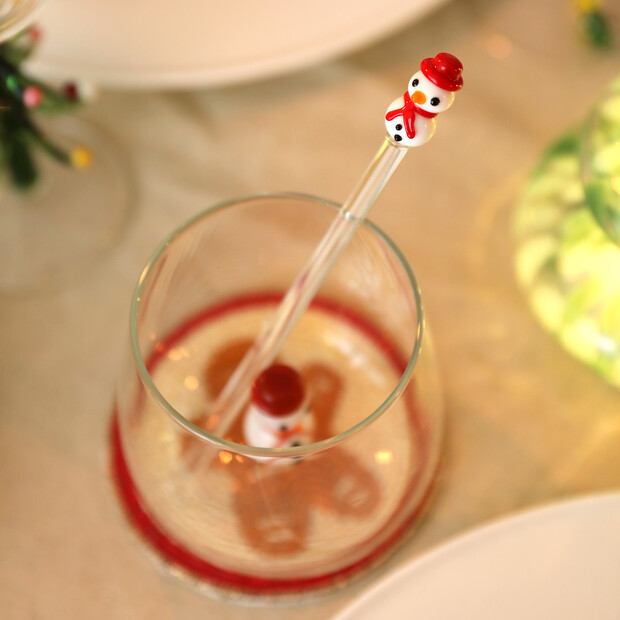 Glass Snowman Cocktail Drink Stirrer