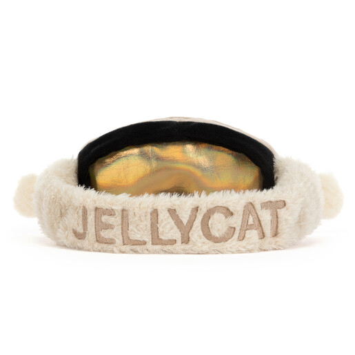 Back view of Jellycat ski goggles soft toy showing embroidered fluffy cream headband