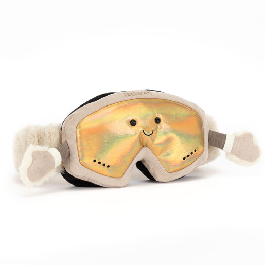 Jellycat Amuseables ski goggles soft toy with shimmering golden visor and mittens