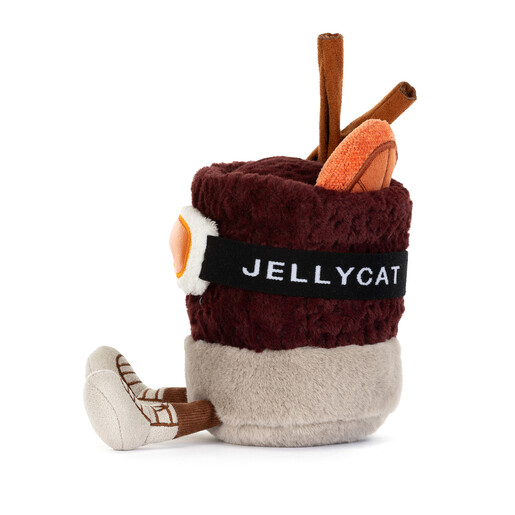 Side view of Jellycat Amuseables Mullover Spiced Drink soft toy with ski goggles
