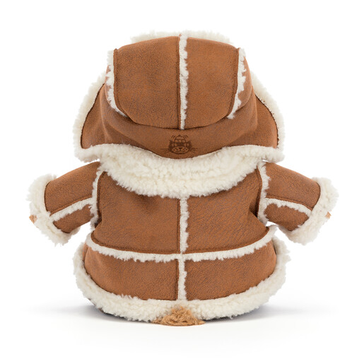 Back view of Jellycat Bartholomew Bear in his fleece-trimmed aviator jacket
