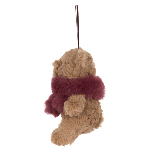 Side view of Jellycat Bartholomew Bear plush hanging decoration with scarf