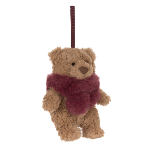 Three-quarter view of the plush Bartholomew Bear winter warmer hanging ornament