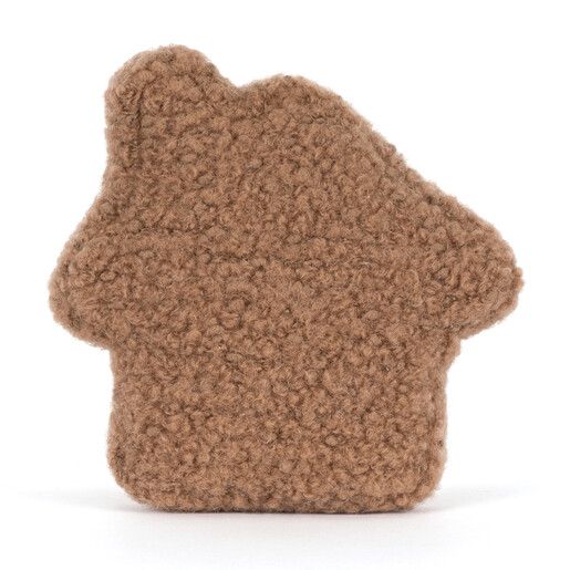 Back of the Jellycat Molasi Cookie gingerbread house showing textured brown plush
