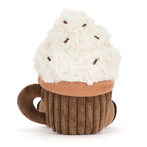 Rear view of the Jellycat hot chocolate mug soft toy with ribbed fabric
