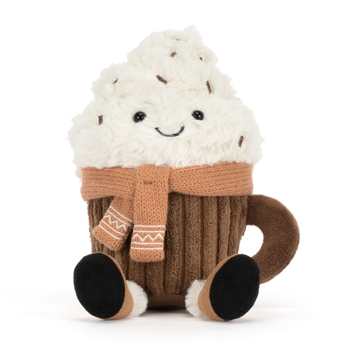 Front view of Jellycat hot chocolate soft toy with smiling face and knitted scarf