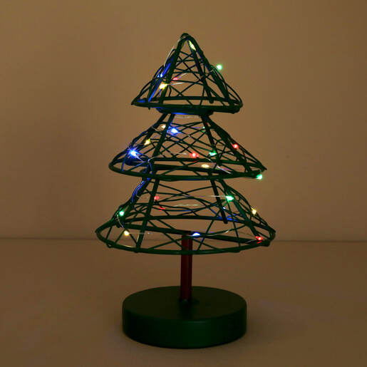 Lit green wire Christmas tree light glowing with colourful micro fairy lights