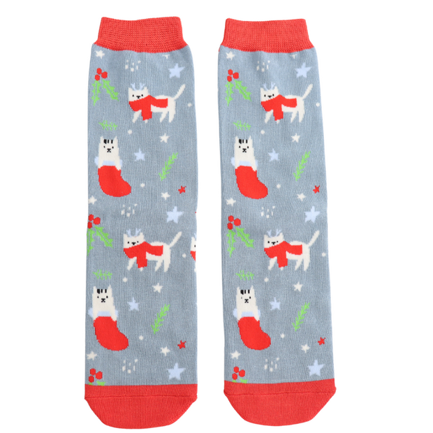 Miss Sparrow Festive Christmas Cat Socks in Blue