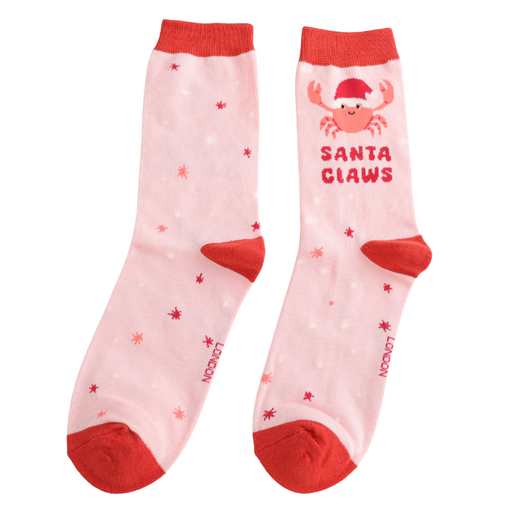 Pair of pink Miss Sparrow Santa Claws socks with crab illustration