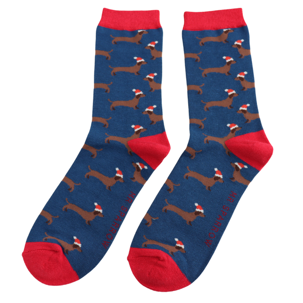 Mr Sparrow Sausage Dog Santa Socks in Blue