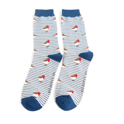 Mr Sparrow Robins on Stripes Socks in Blue