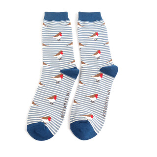 Mr Sparrow Robins on Stripes Socks in Blue