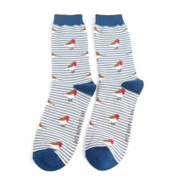 Mr Sparrow Robins on Stripes Socks in Blue