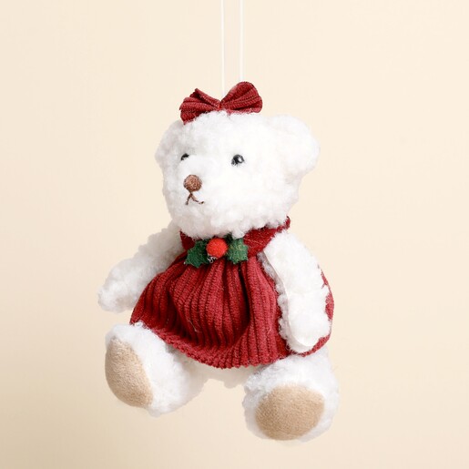 Plush girl white bear Christmas hanging decoration in red cord dress