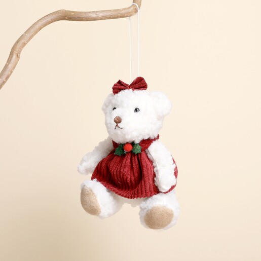 Girl bear Christmas hanging tree decoration suspended from a wooden branch