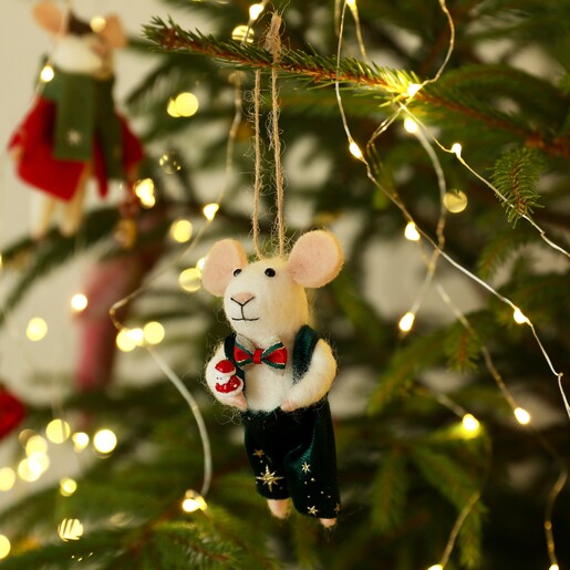 Felt Christmas mouse hanging decoration wearing green dungarees with embroidered gold stars