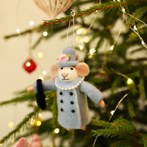 Felt fancy mouse hanging Christmas decoration in a blue coat and hat