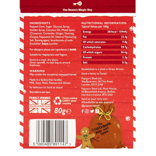 Rear of Popcorn Shed Christmas Pudding popcorn box showing ingredients and nutritional info.
