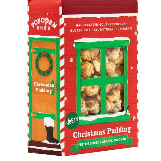 Popcorn Shed Christmas Pudding gourmet popcorn box shaped like a festive shed.