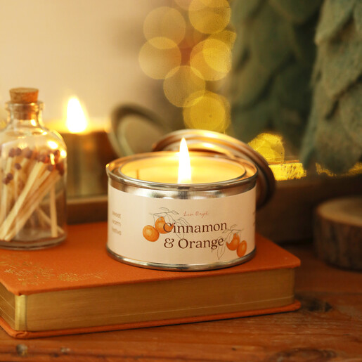 Lit Cinnamon and Orange candle displayed on an orange book with matches