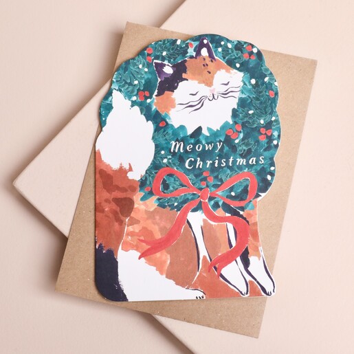 Sister Paper Co. Meowy Christmas greetings card with kraft brown envelope