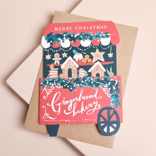 Sister Paper Co gingerbread bakery cart Christmas card with kraft envelope