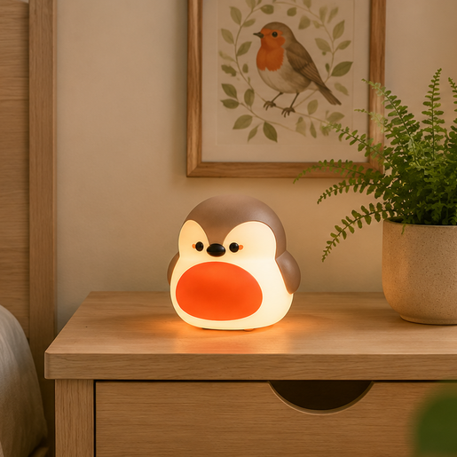 Warmly lit robin nightlight placed on a bedside table beside a potted houseplant