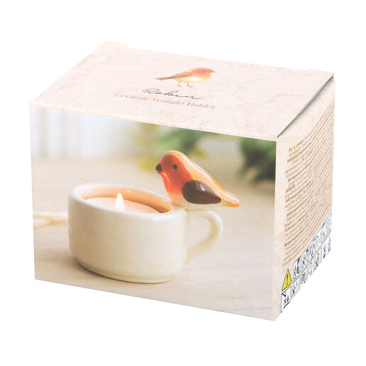 Robin ceramic tealight holder displayed inside its illustrated cardboard gift packaging