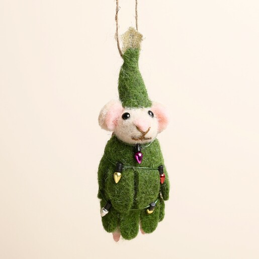 Close-up of the felt Christmas tree mouse decoration with fairy lights detail