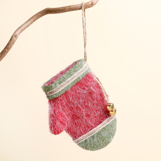 Felt red and green mitten Christmas tree hanging decoration suspended from a branch
