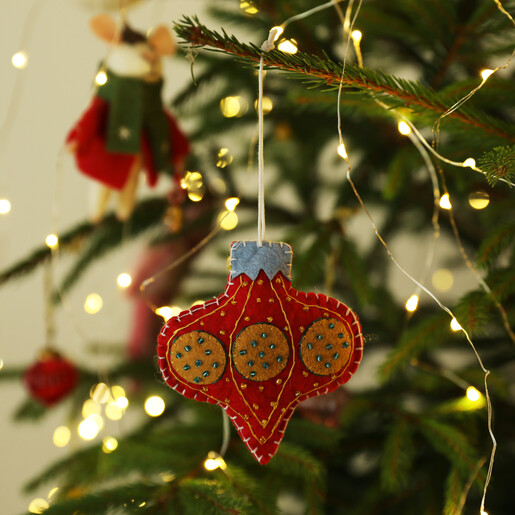 Red Felt Beaded Bauble Hanging Decoration on Christmas Tree