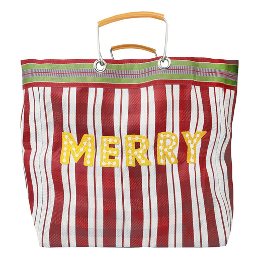 Talking Tables recycled plastic tote bag with red and white stripes and Merry text