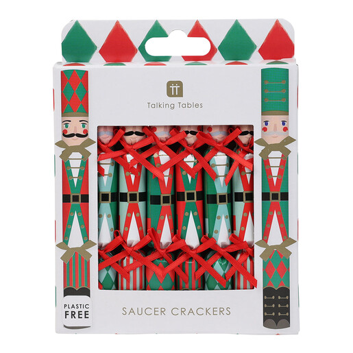Pack of Talking Tables miniature nutcracker saucer crackers with red ribbon ties