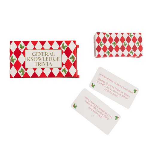 Christmas general knowledge trivia cards shown outside of the harlequin patterned box.