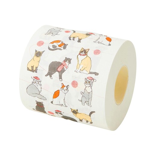 Festive toilet roll printed with illustrated cats wearing Santa hats and scarves.