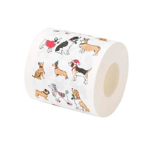 White novelty toilet paper printed with illustrated dogs dressed in Christmas jumpers and hats