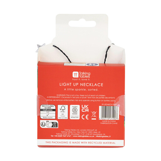 Back of product packaging for the Talking Tables light up festive party necklace