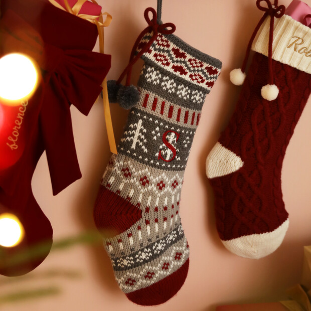 Personalised Initial Large Grey Knitted Fair Isle Christmas Stocking