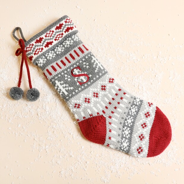 Personalised Initial Large Grey Knitted Fair Isle Stocking