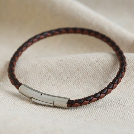 Men's Slim Brown Woven Leather Bracelet - Medium
