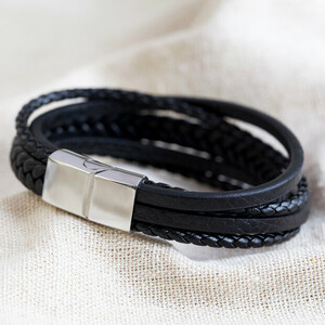 Men's Layered Leather Straps Bracelet in Black - Large